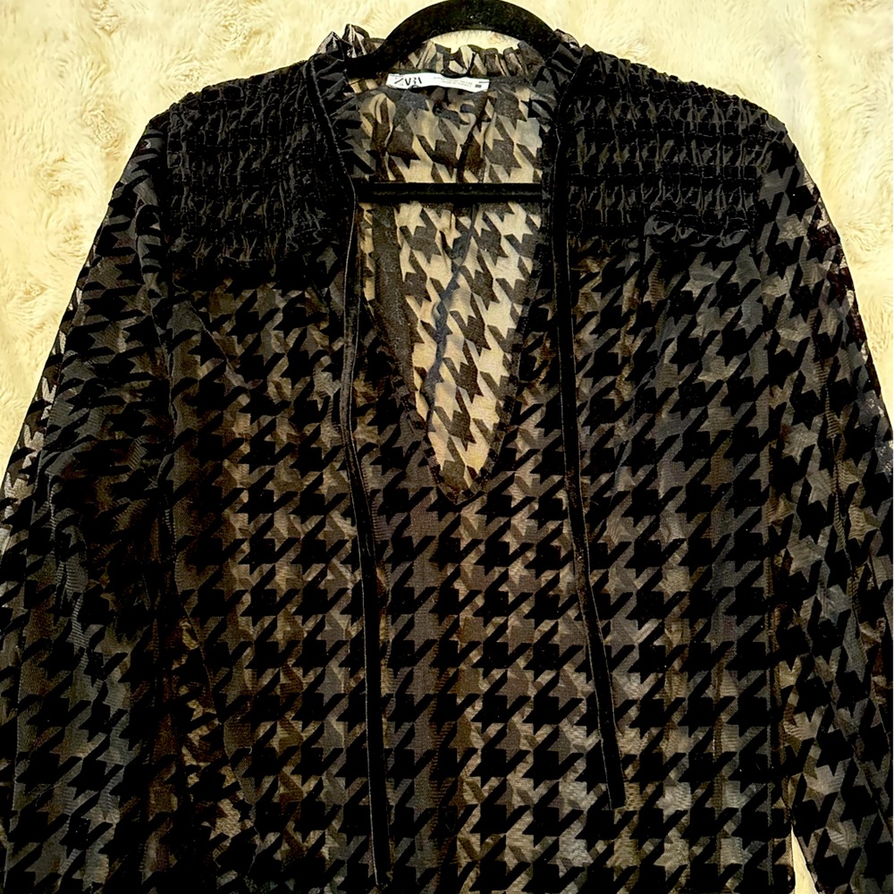 Zara sheer houndstooth blouse
